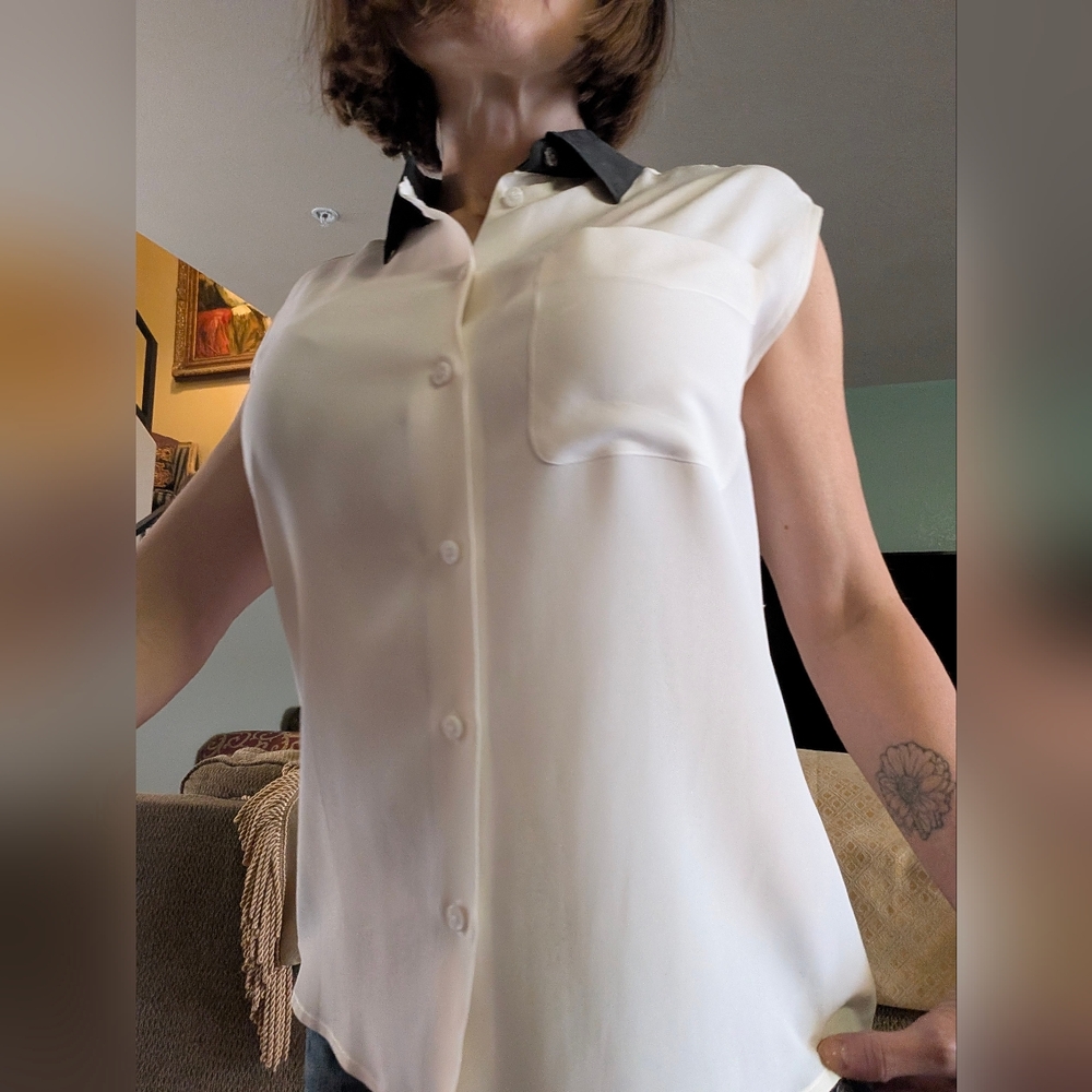 Equipment Cream Sleeveless Blouse with Black Collar